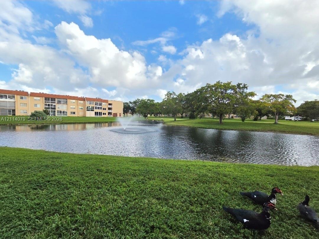 Waterfront pond with a built-in fountain, surrounding green space, and mature trees
