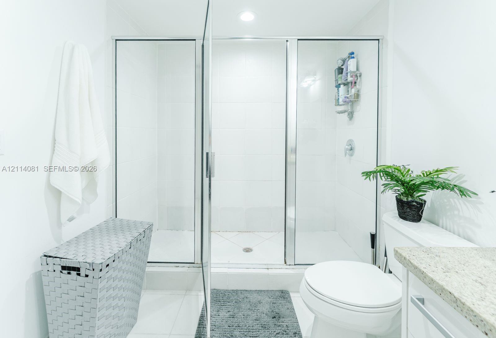 Walk-in shower with clear glass enclosure and chrome framing, complemented by a stone-finish countertop