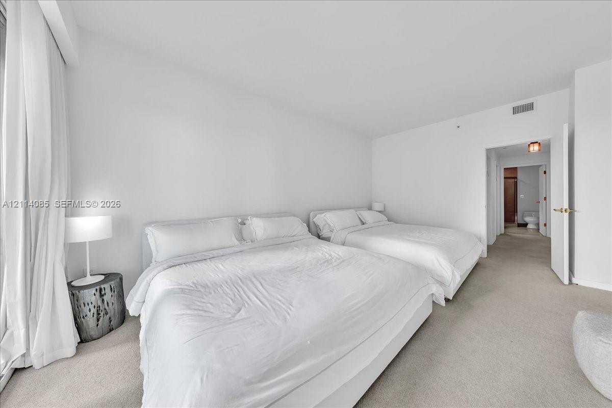 Neutral-toned carpeting, full-height window treatments, and interior door with metallic hardware