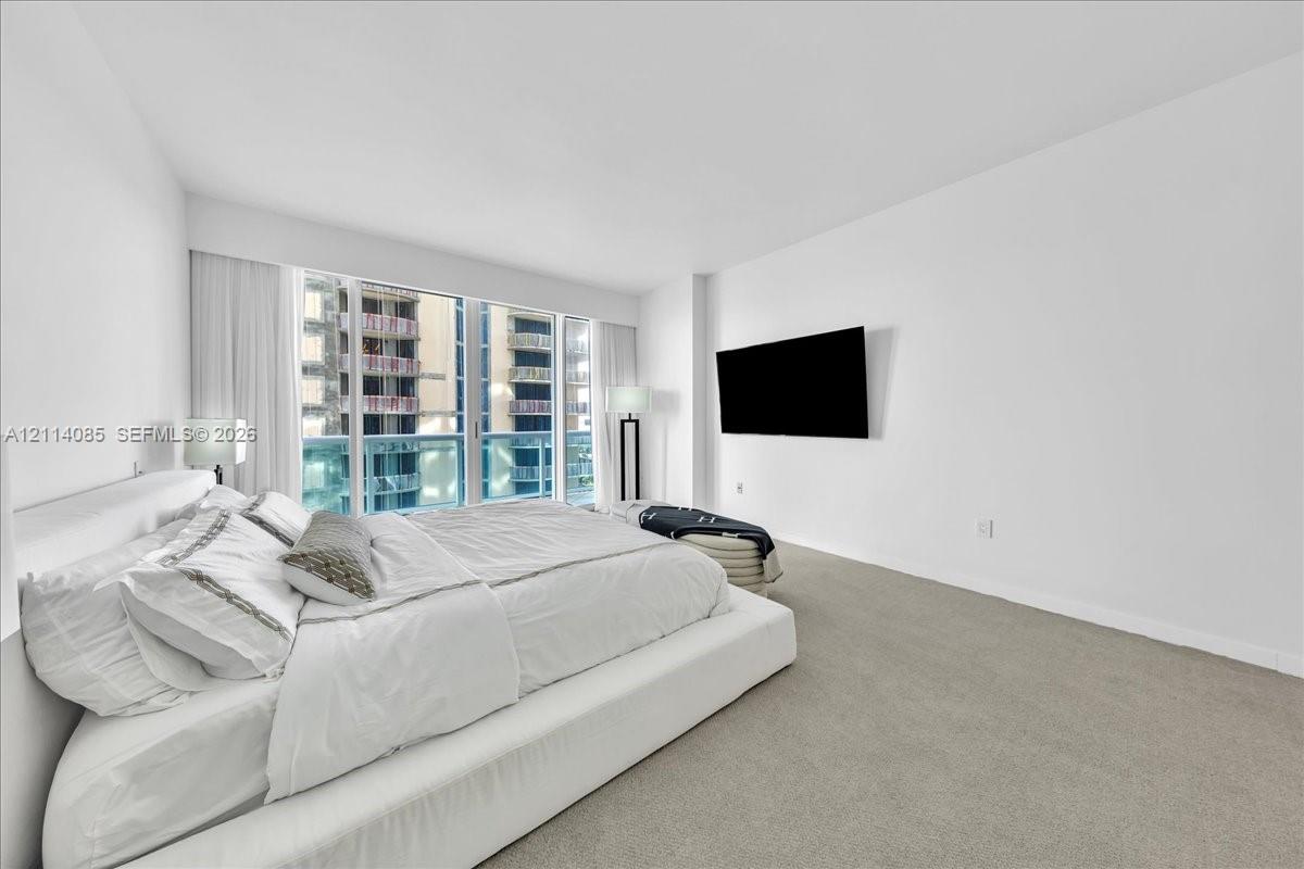 Floor-to-ceiling windows, neutral carpet flooring, and wall-mounted television hardware