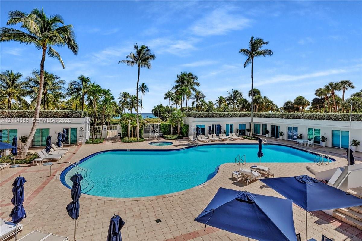 Outdoor recreation area featuring a large swimming pool, integrated spa, tiled pool deck, and mature palm trees