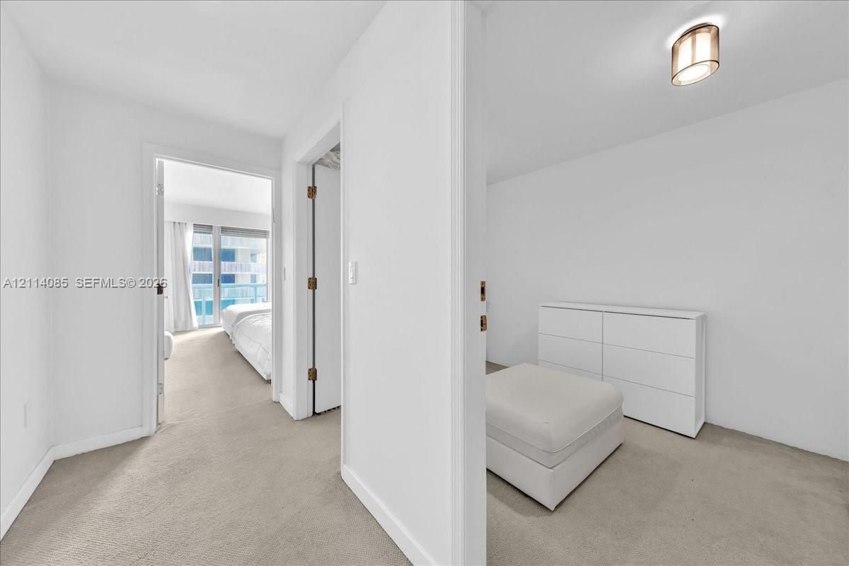 Interior space with neutral wall-to-wall carpeting and ceiling-mounted dome light fixture