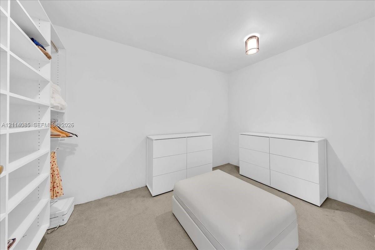 Custom built-in white shelving system with integrated hanging rods and flush-mount ceiling lighting