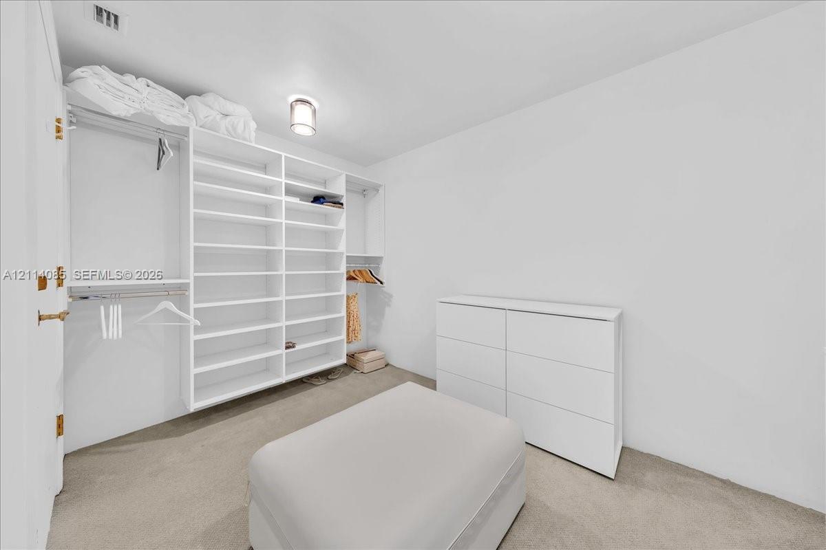 Walk-in closet featuring white custom built-in shelving, hanging rods, and neutral carpeting