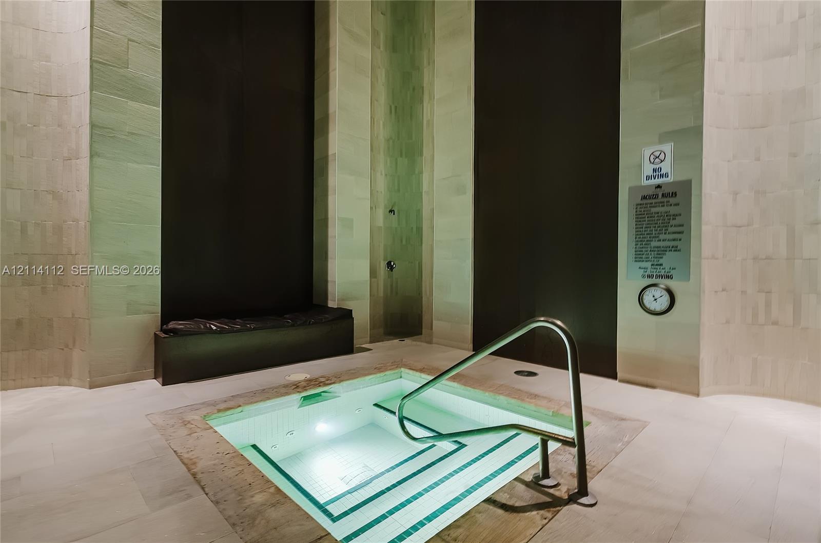 Built-in sunken spa featuring light-toned stone tile walls, contrasting dark vertical paneling, recessed step entry, and stainless steel grab rail