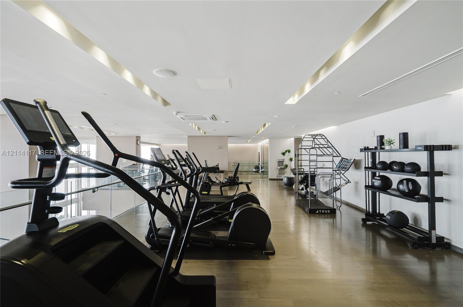 Fitness center featuring wood-finish flooring, recessed linear ceiling lighting, and a glass partition wall