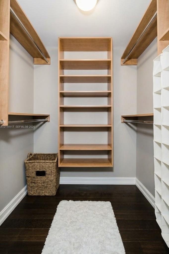 Walk-in closet featuring wood-finish shelving, integrated hanging rods, and dark-toned wood-finish flooring