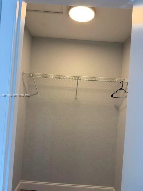 Closet space featuring a ceiling-mounted light fixture and white wire shelving