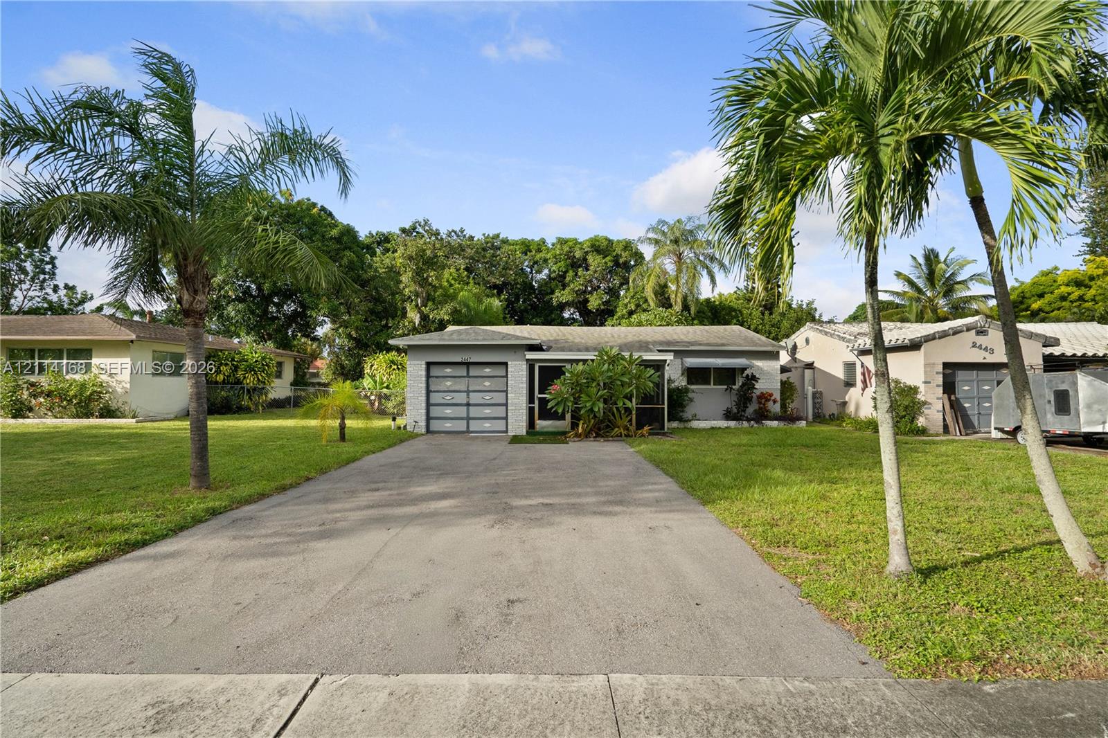 Single-story residence featuring a concrete driveway, with multi-panel garage door, and exterior landscaping including mature palm trees