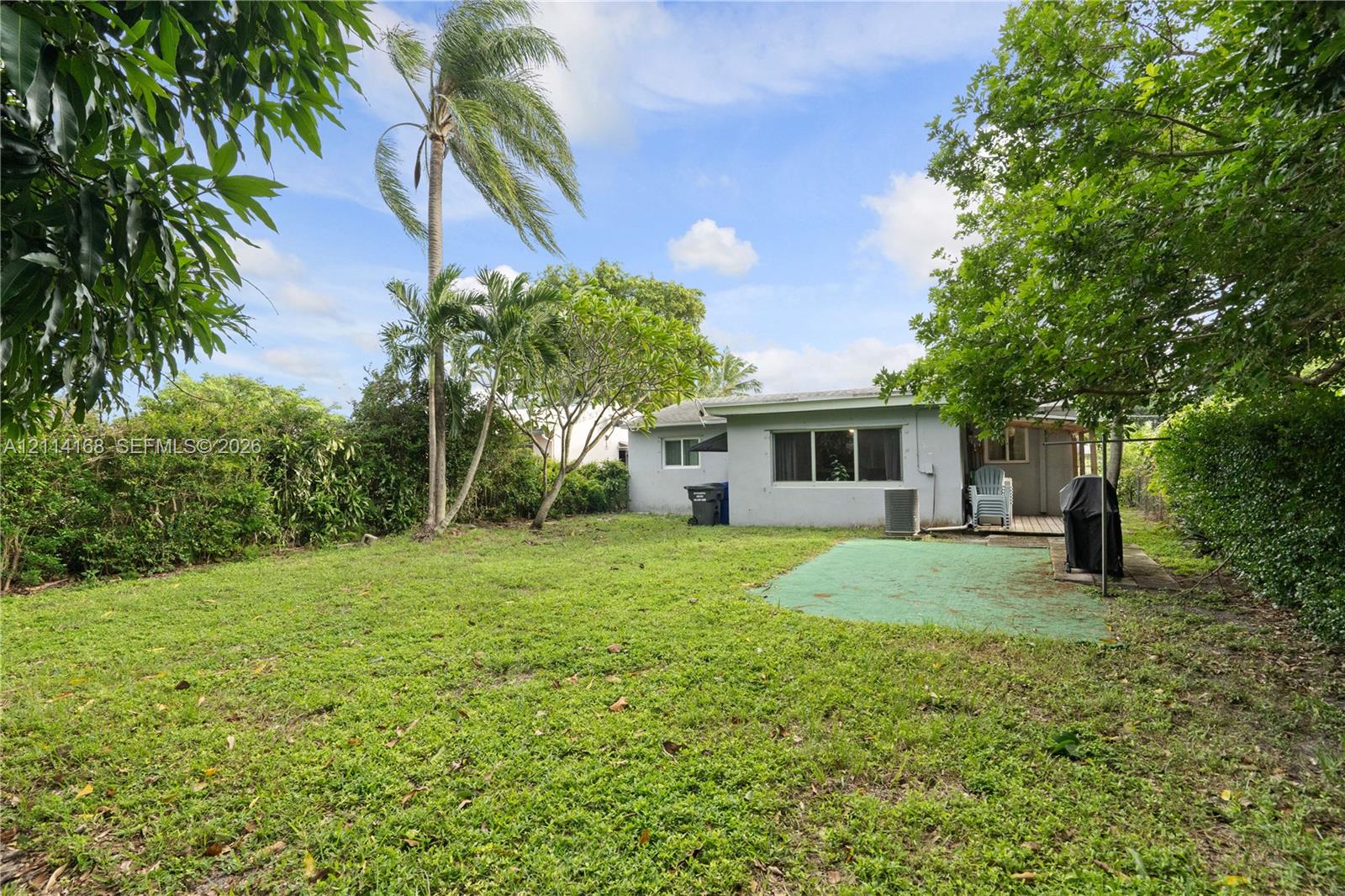 Expansive backyard featuring a grass lawn, mature trees, tall palms, and dense perimeter foliage