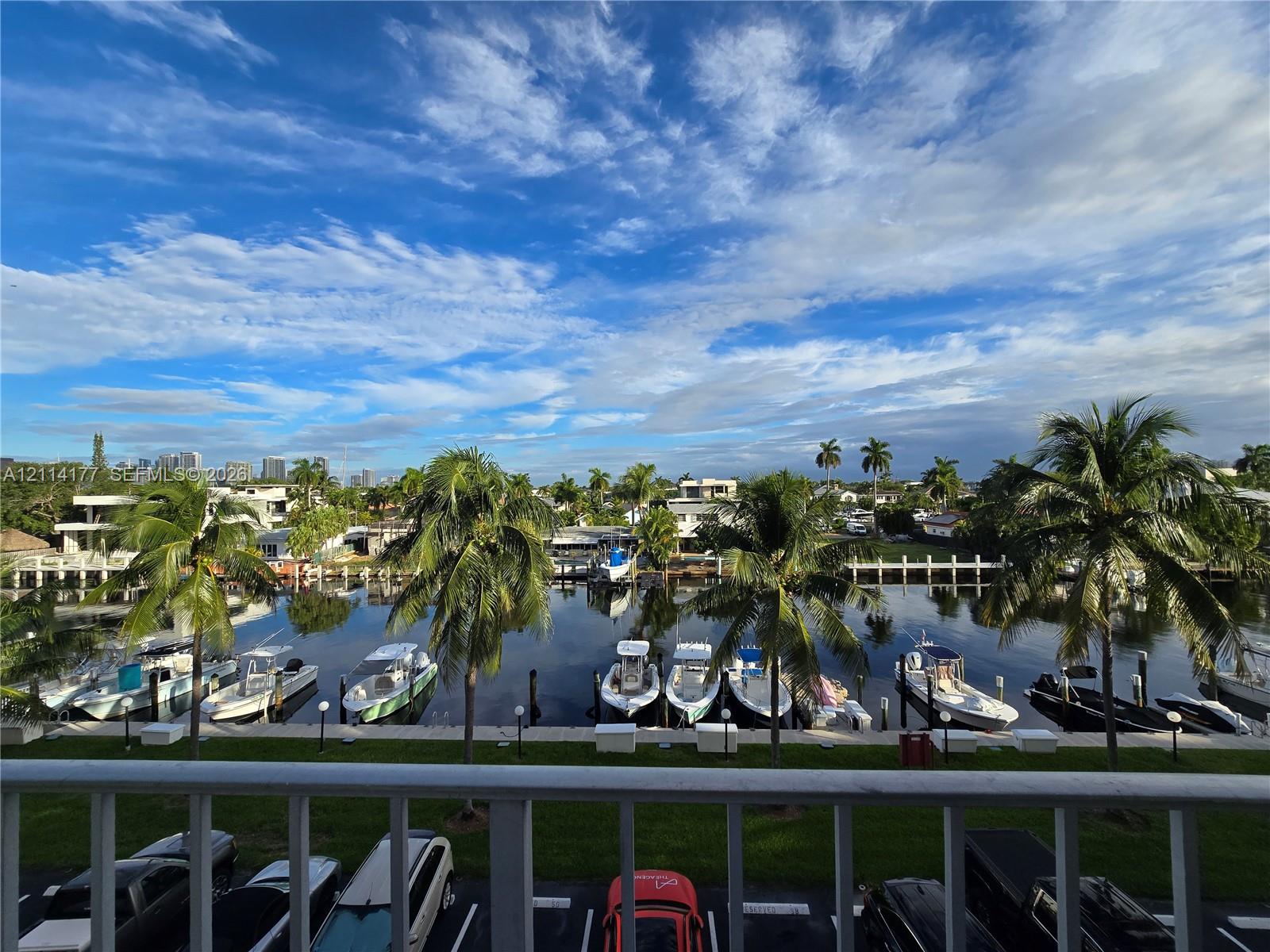 Waterfront scenery featuring a bulkhead, concrete dockage, mature palm trees, and a paved parking area