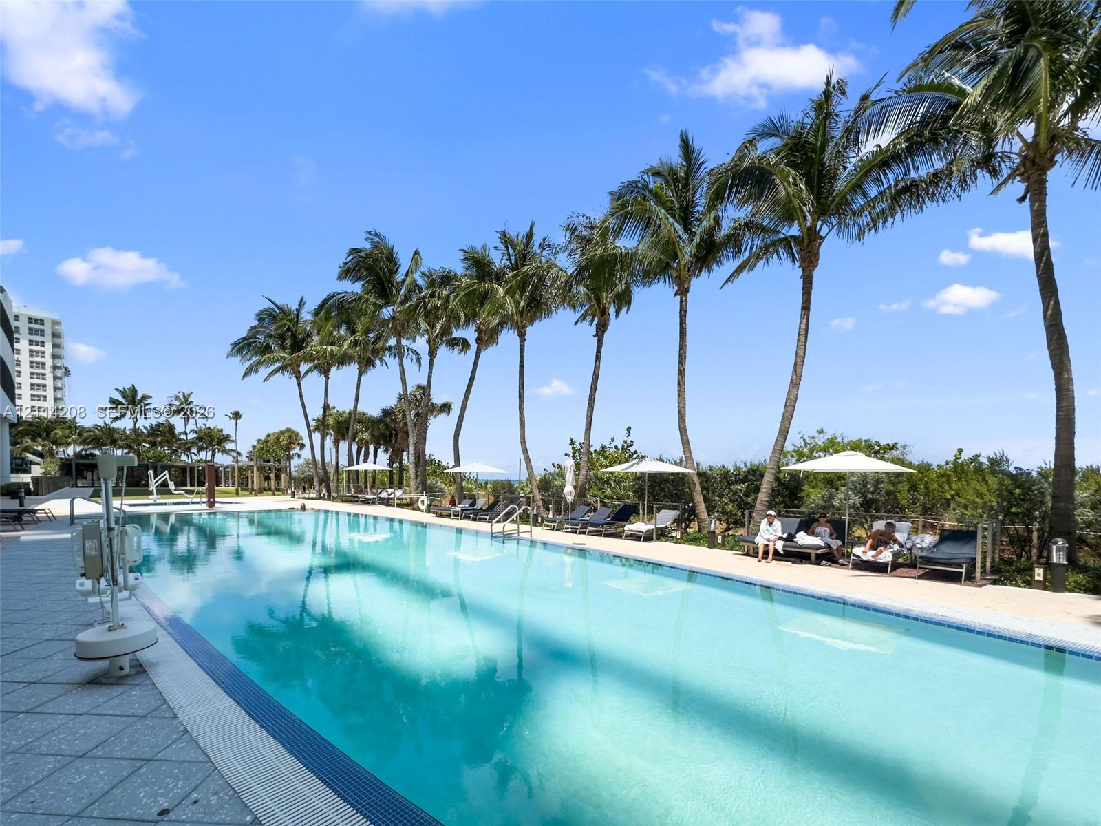 Rectangular swimming pool featuring a tiled perimeter, integrated ladder access, and expansive stone-paver decking lined with mature palm trees