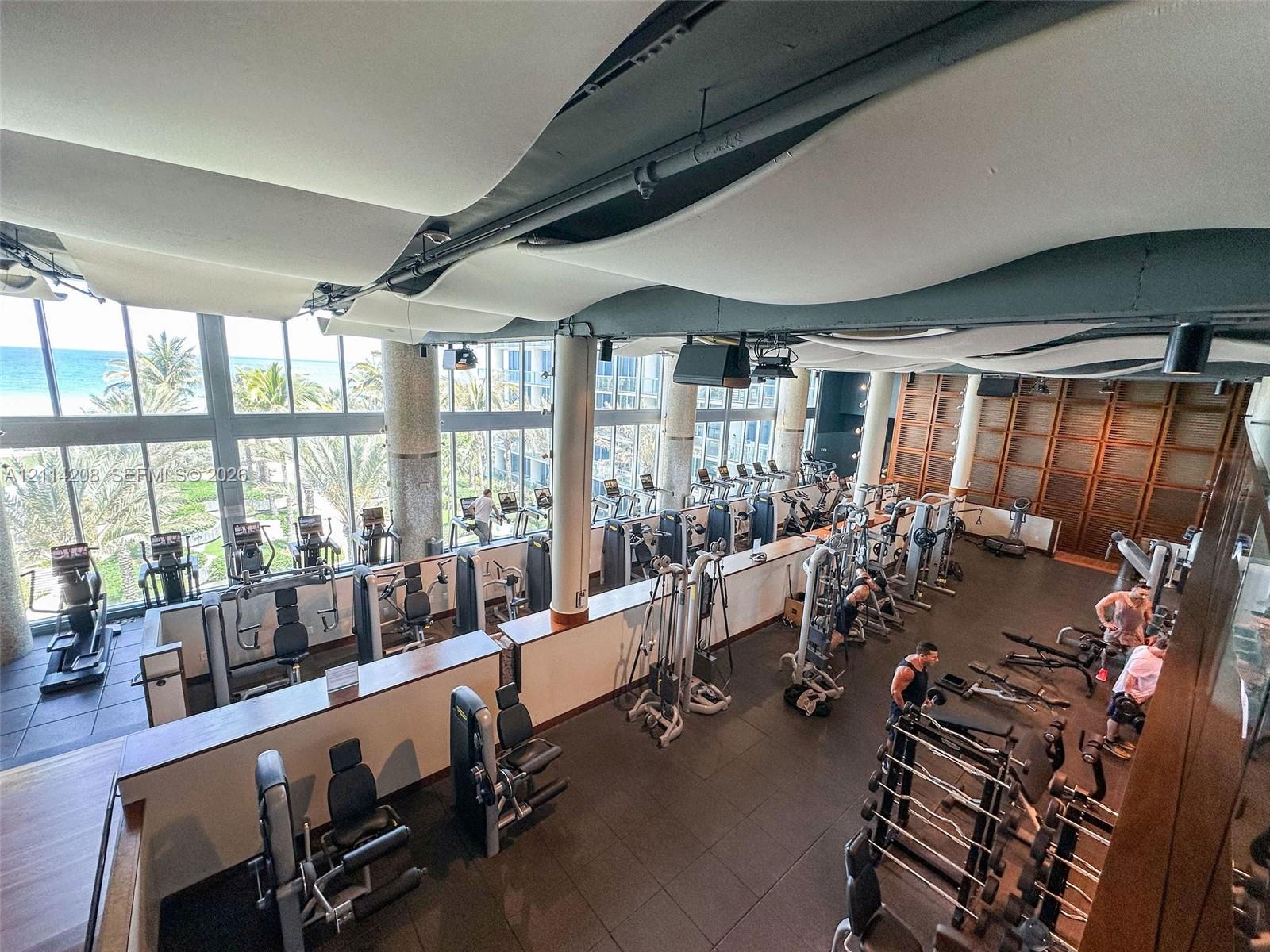 Fitness center featuring expansive floor-to-ceiling windows, high-contrast wood paneling, structured fabric ceiling installations, and industrial-style exposed ductwork