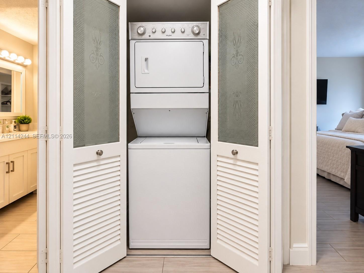 Stacked white laundry center.