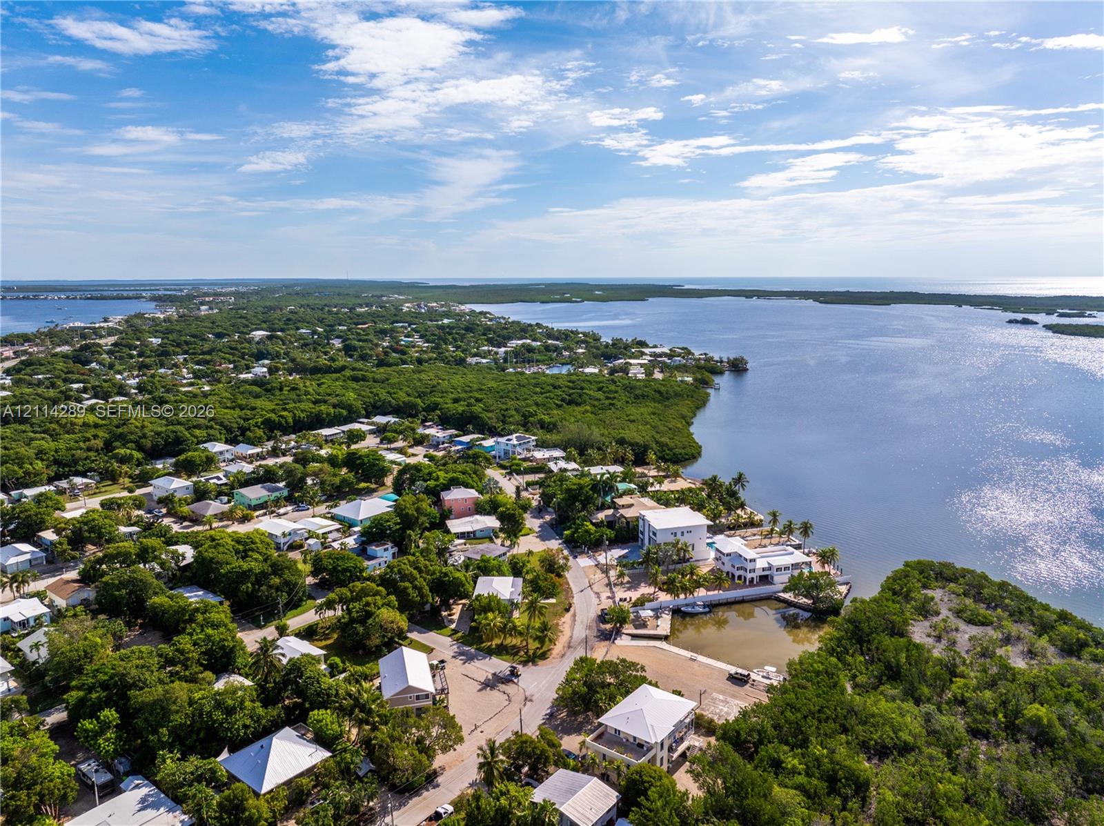 Aerial perspective of a coastal residential area featuring waterfront property, a private boat slip, dense tree canopy, and access to open water