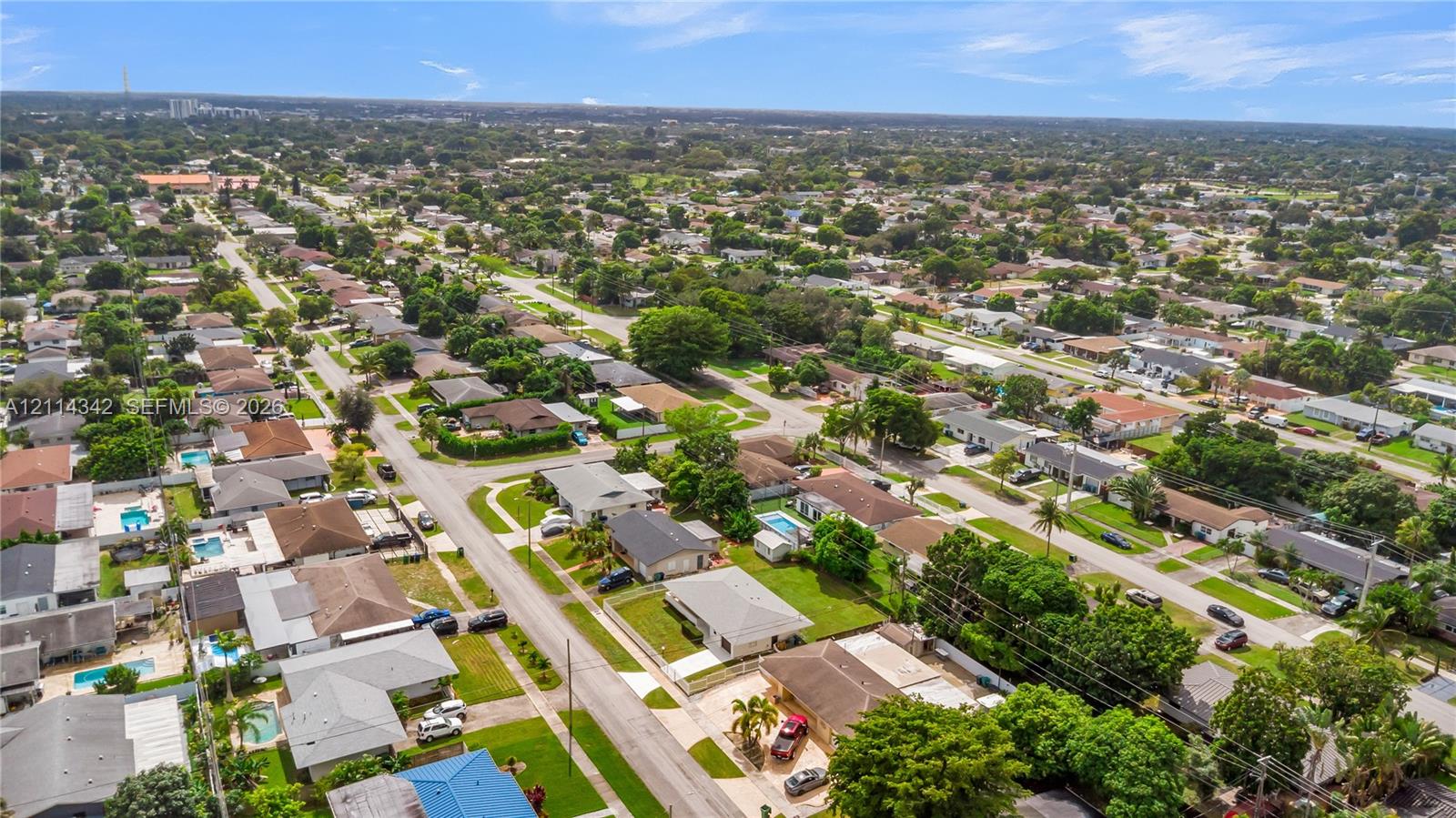 Aerial view of residential neighborhood featuring mature canopy trees, grid-patterned streets, and established landscaping