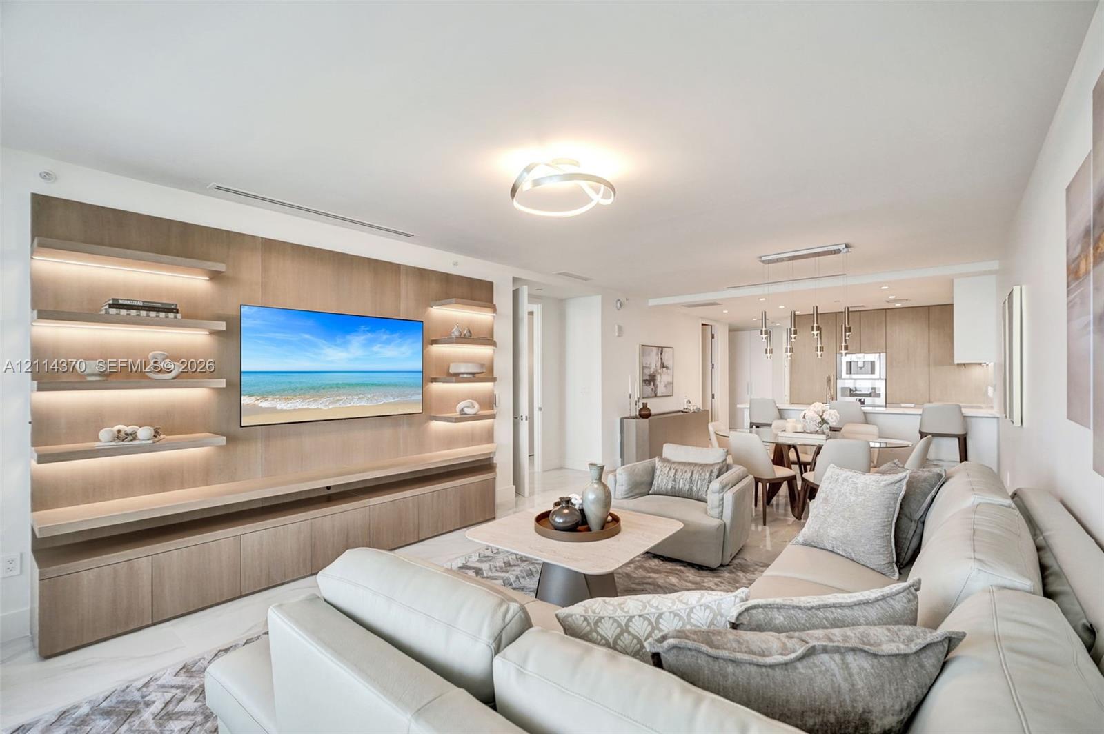 Custom wood-finish cabinetry, floor-to-ceiling built-in shelving with integrated LED lighting, recessed ceiling lighting, and smooth-finish flooring