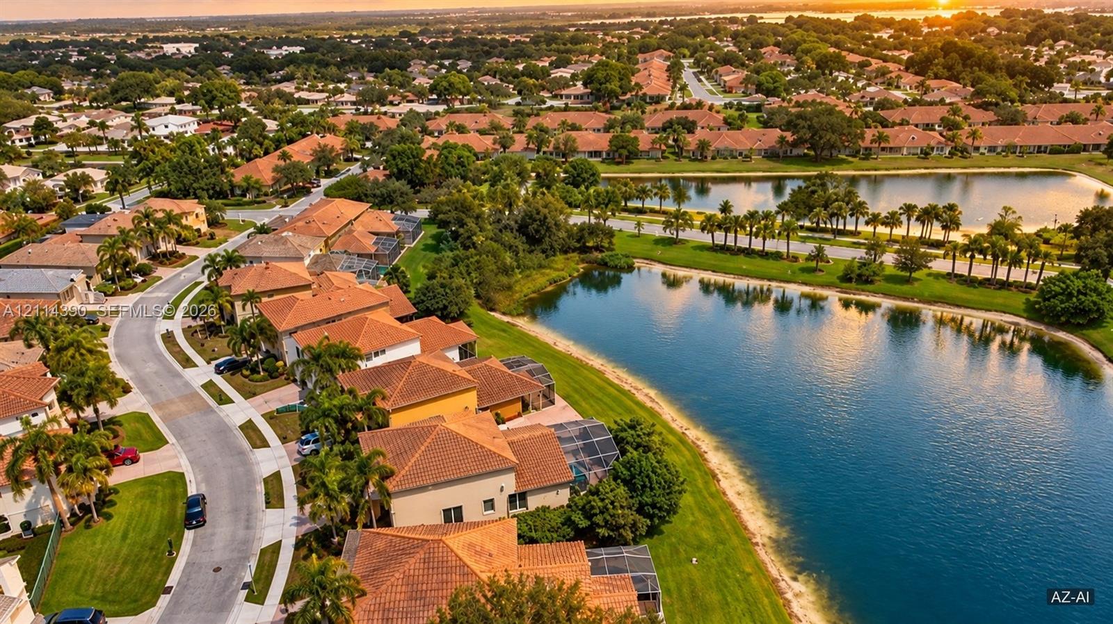 Aerial perspective of residential neighborhood featuring tile roofing, waterfront access, established palm trees, and manicured landscaping