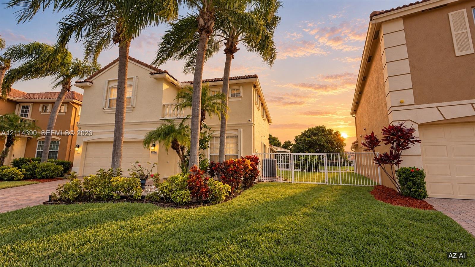 Two-story stucco exterior featuring a concrete tile roof, paver driveway, white metal fencing, and mature palm trees