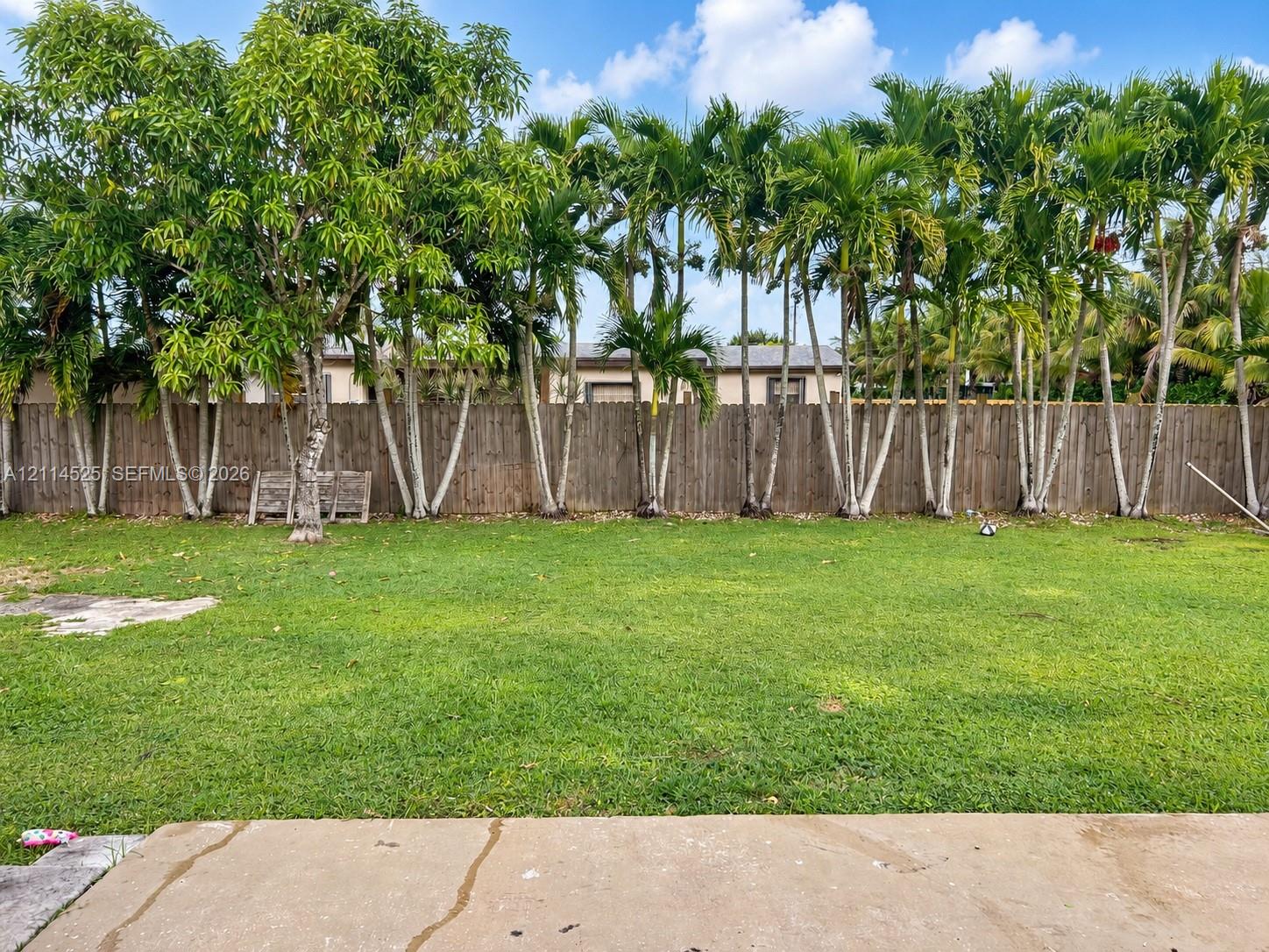 Backyard featuring a concrete patio, expansive grass lawn, wood perimeter fencing, and mature palm trees