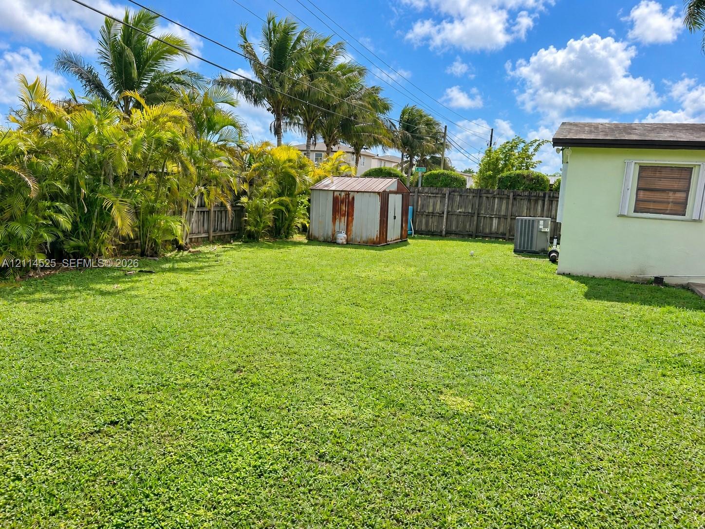 Expansive backyard featuring a grass lawn, perimeter wood fencing, and mature palm trees
