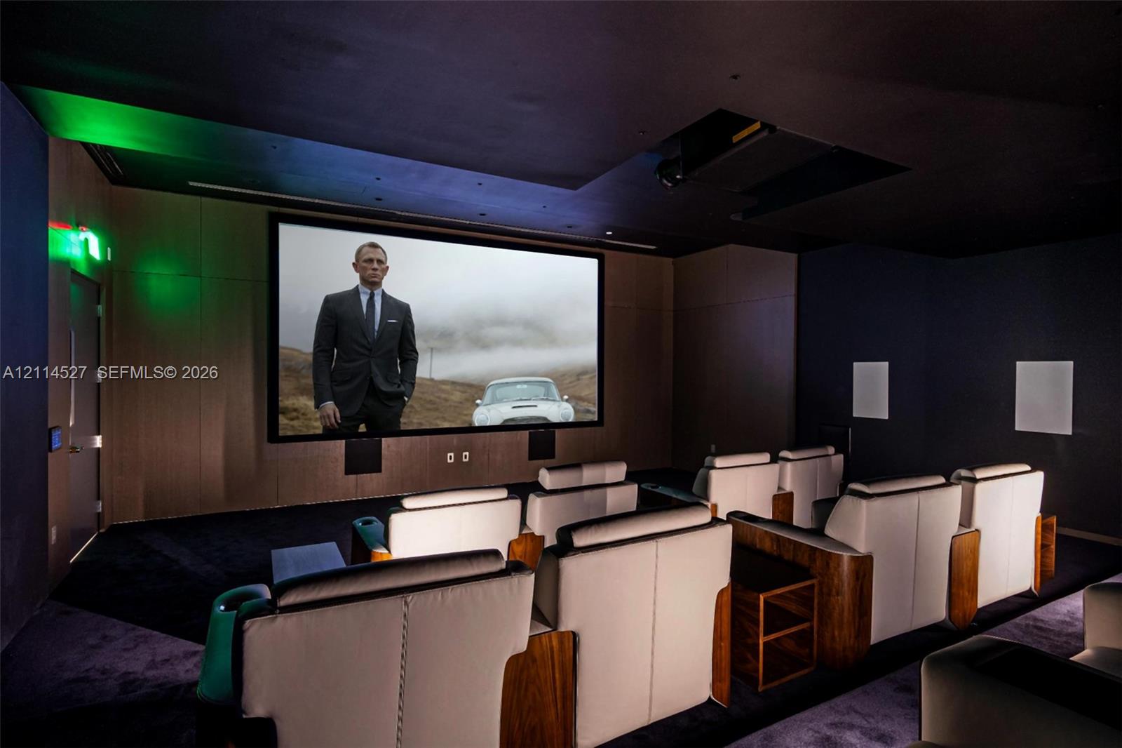 Dedicated media room featuring a large-format projection screen, dark-toned acoustic wall paneling, tiered flooring, and ceiling-mounted projection equipment