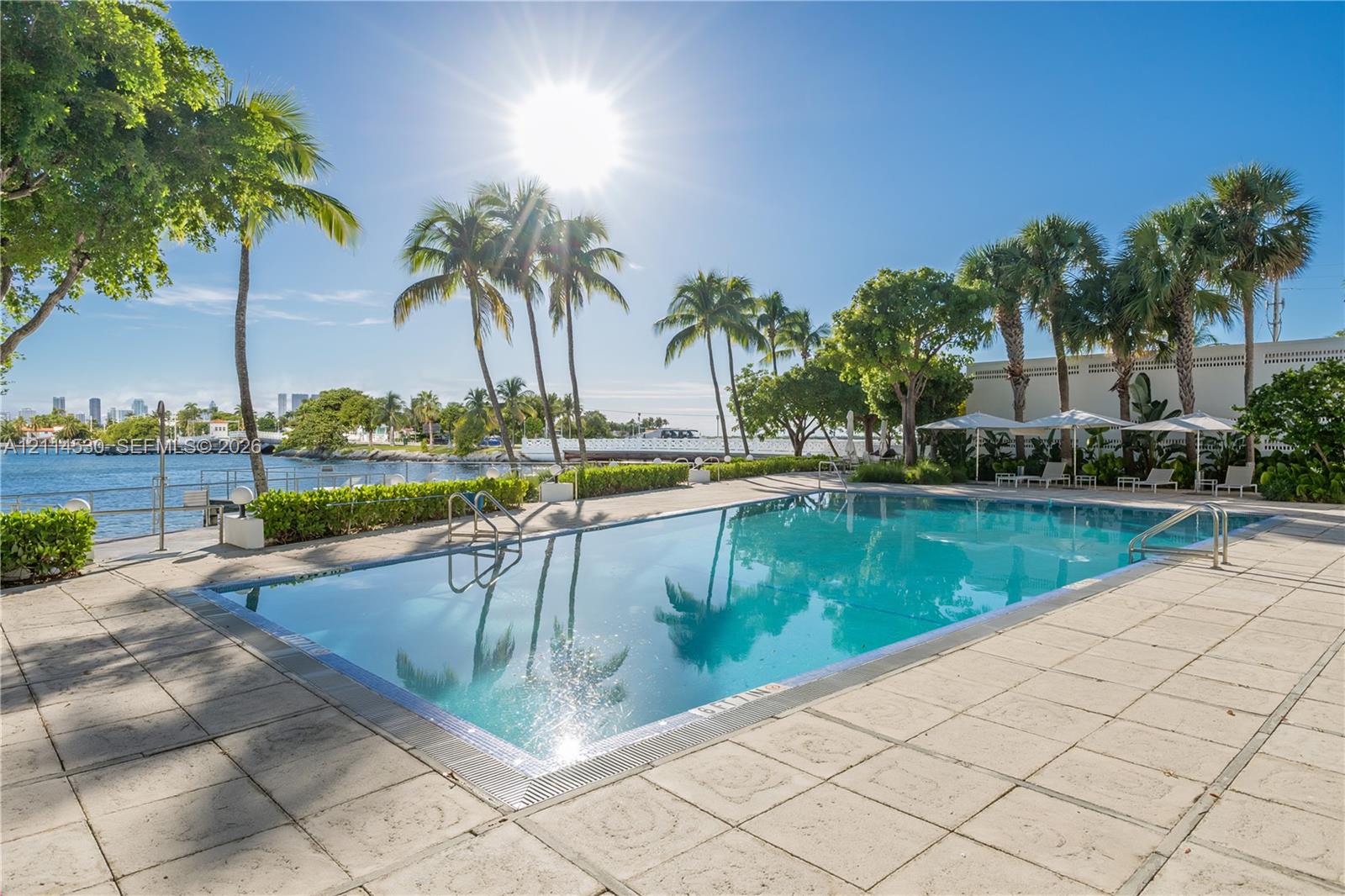Waterfront swimming pool with tiled decking, metal perimeter fencing, and mature palm trees