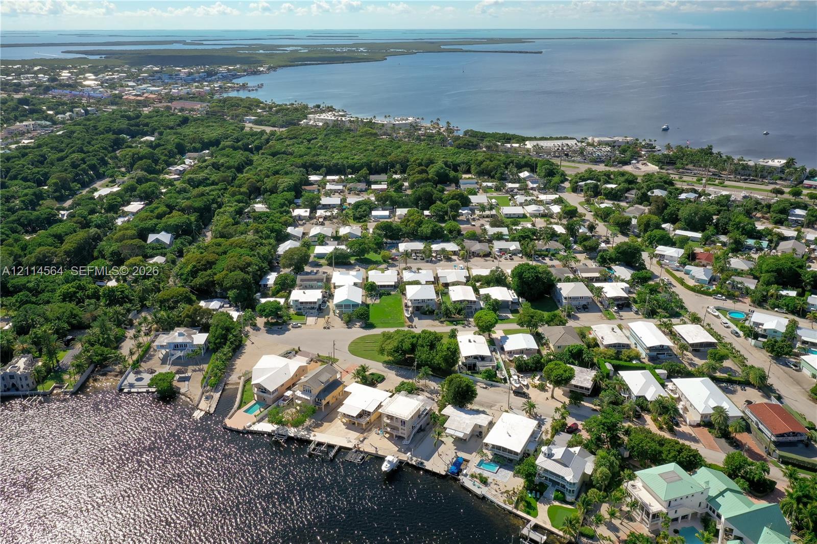 Aerial perspective of a coastal residential community featuring waterfront access, private boat docks, and established canopy vegetation along a maritime shoreline