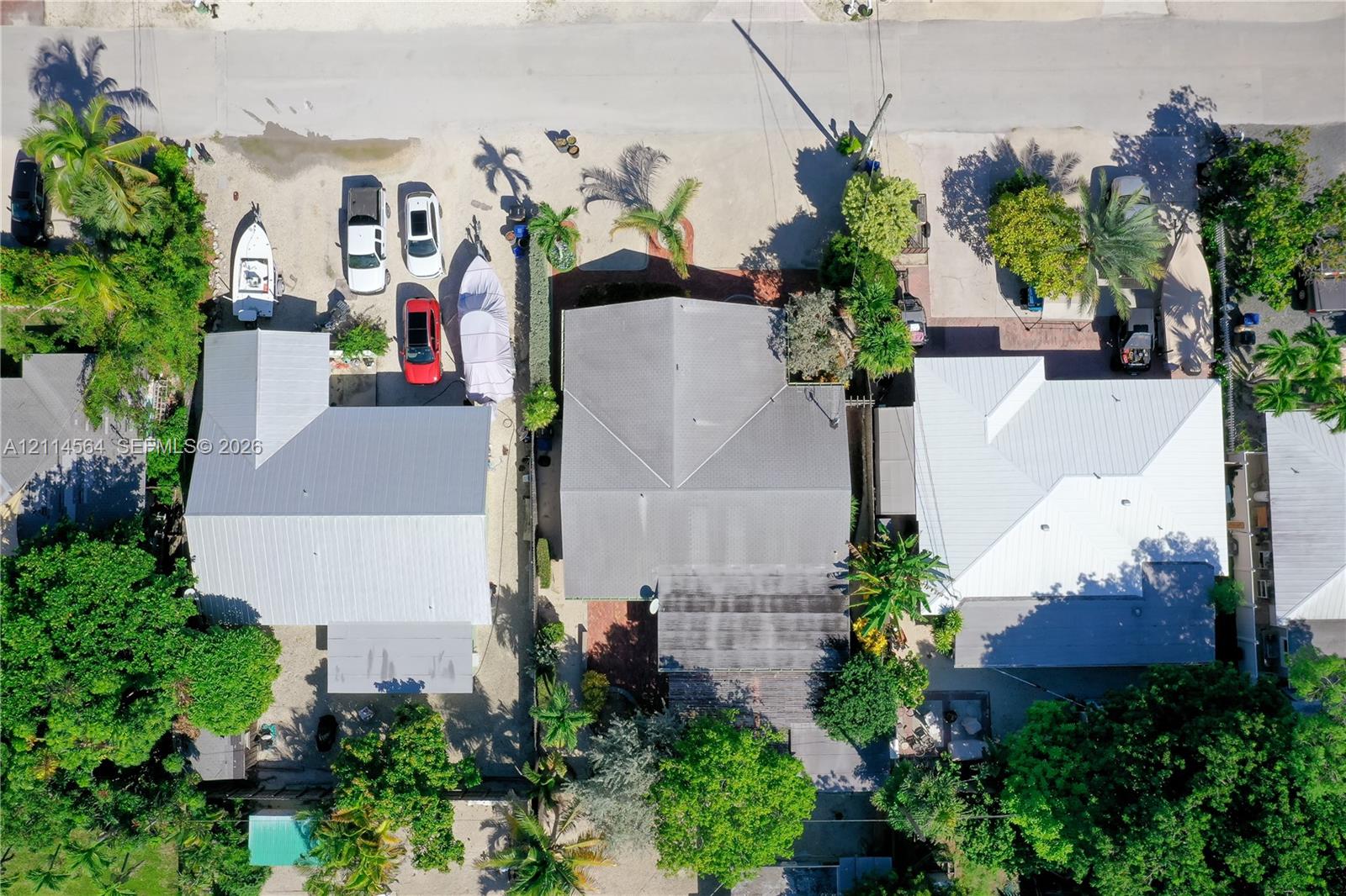 Aerial view featuring a metal roof system, paved driveway, mature trees, and established landscaping