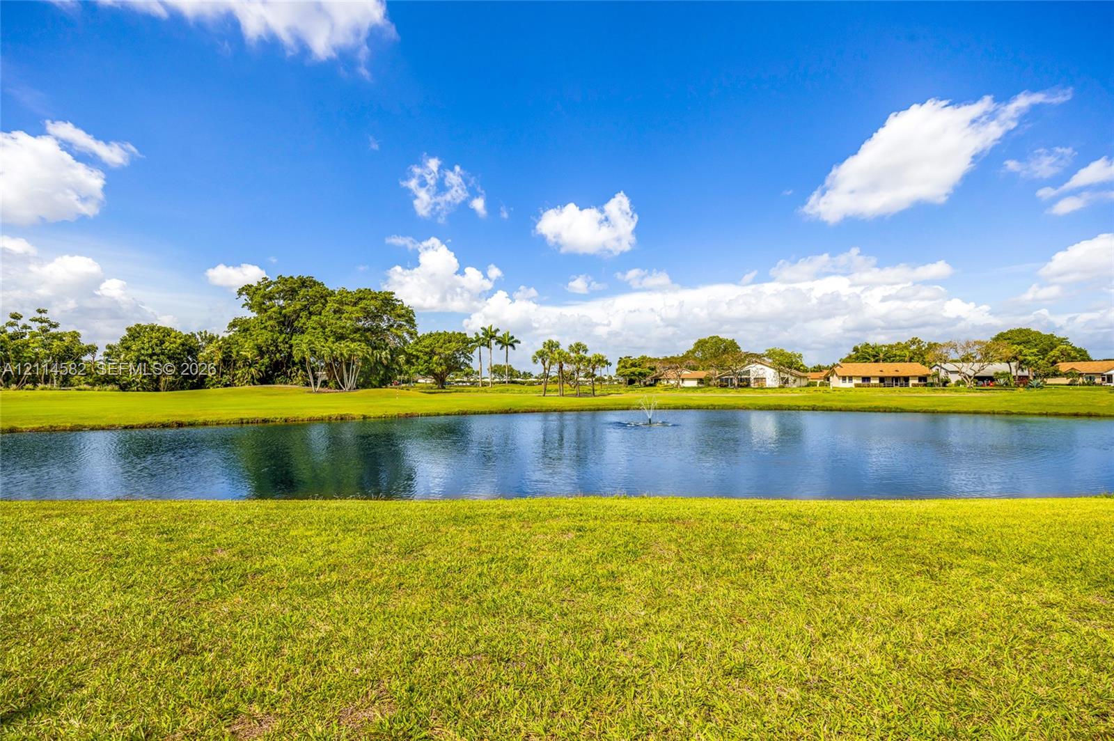 Expansive lawn featuring a pond with a built-in fountain, mature trees, and landscaping