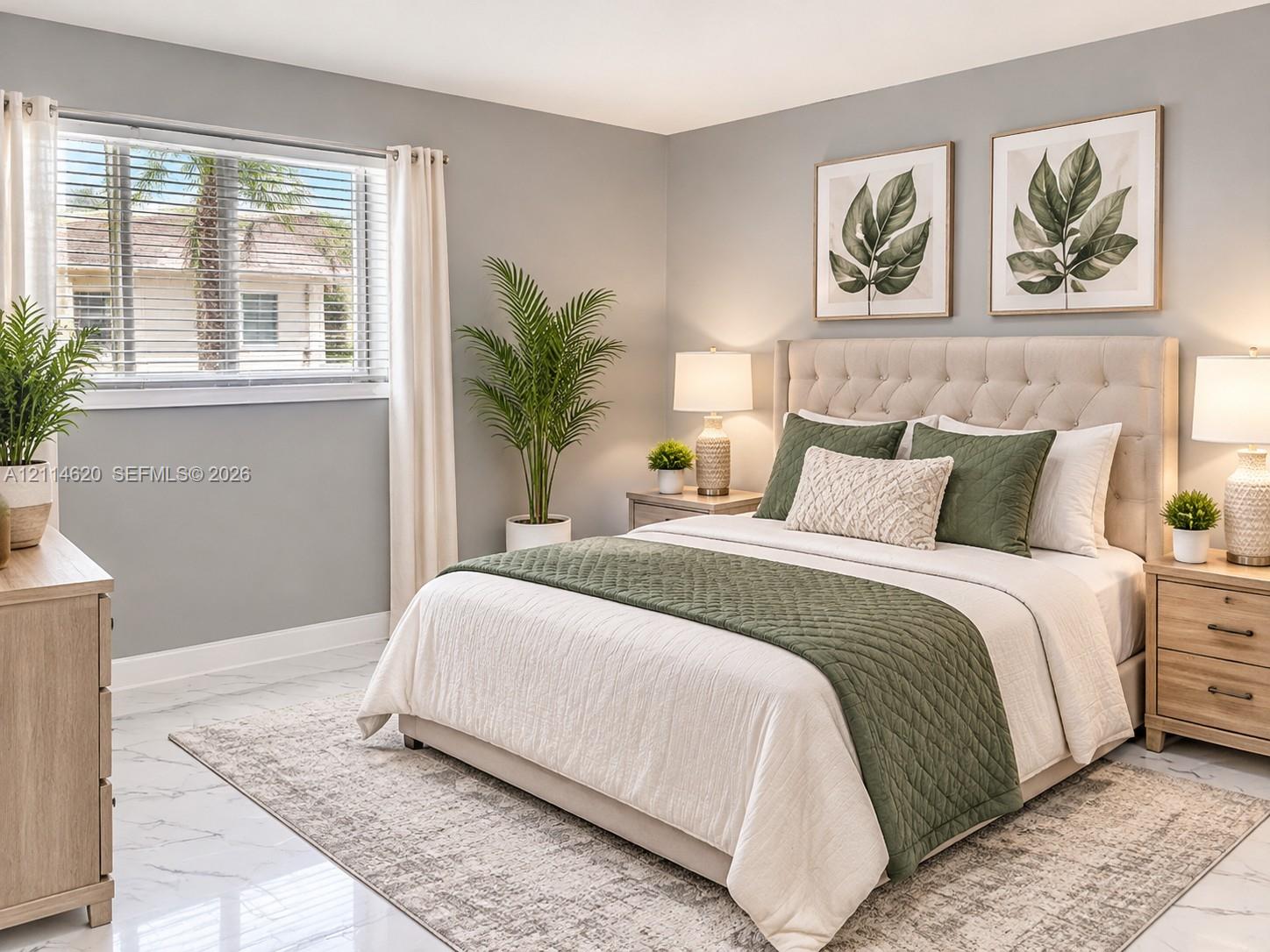Neutral-toned room featuring stone-finish tile flooring, a large horizontal window, and a tufted upholstered headboard