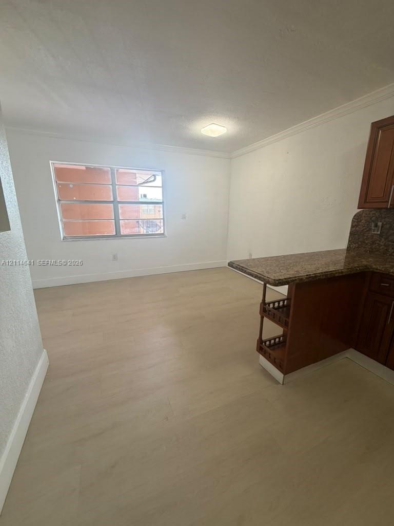 Interior space featuring light-toned flooring, wood-finish cabinetry, a peninsula countertop, and a large multi-pane window