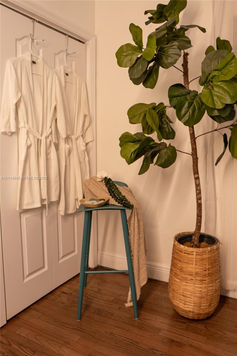 Wood-finish flooring and white paneled doors with metal hardware
