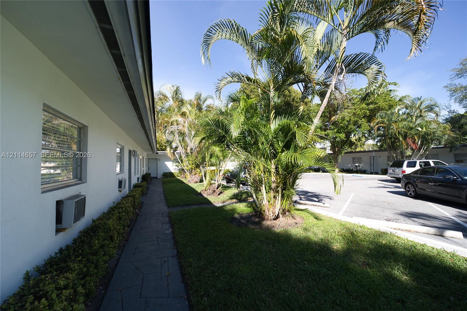 Exterior walkway featuring stone-paver paving, manicured lawn areas, mature palm trees, and asphalt surface parking