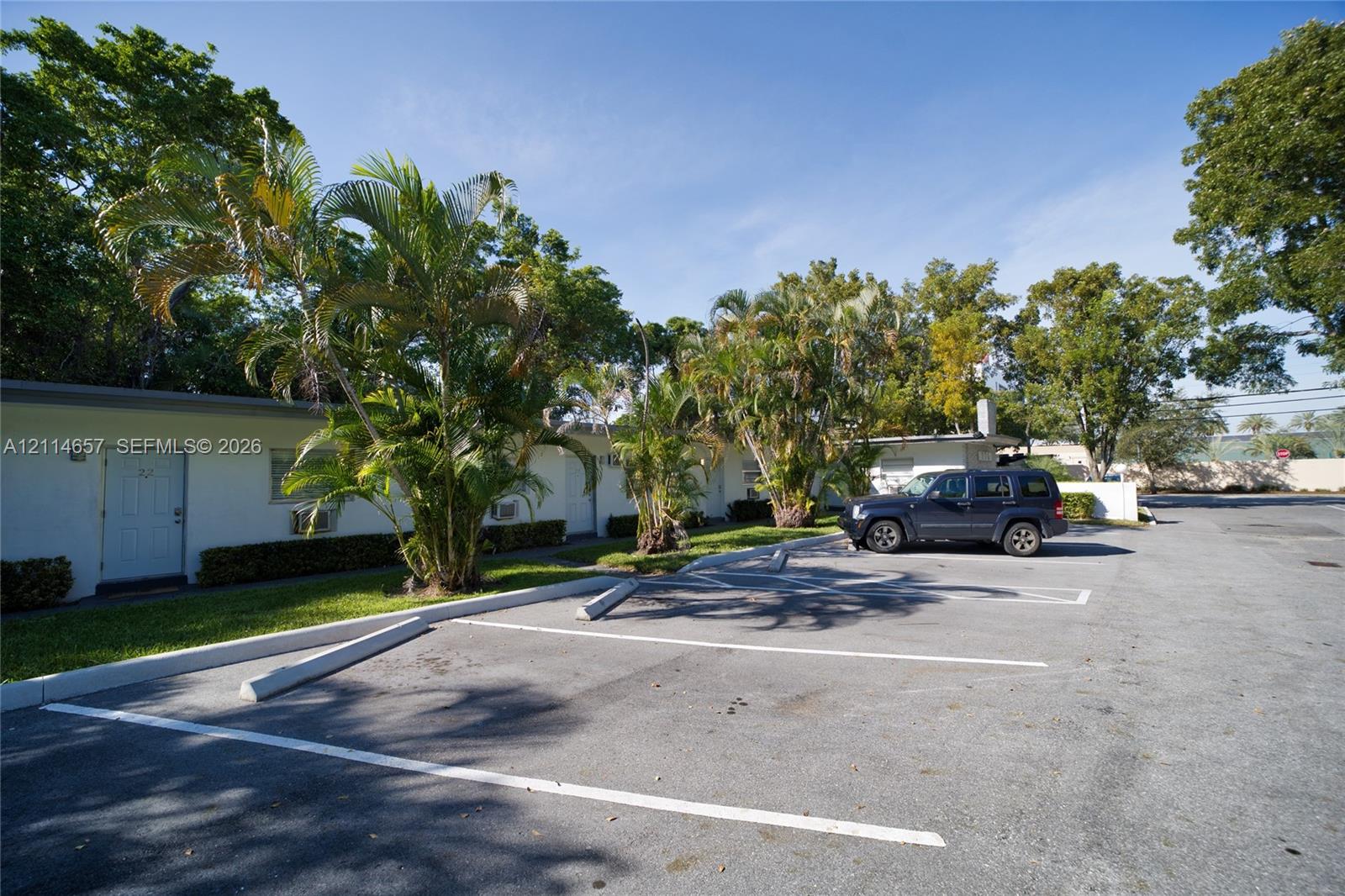 Exterior facade with painted concrete construction, designated asphalt parking area with concrete wheel stops, and mature palms