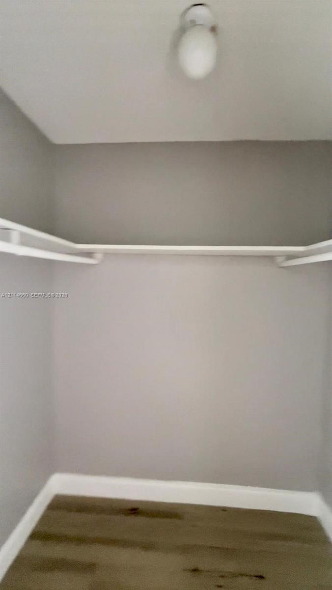 Storage closet featuring wood-finish flooring, a white integrated shelf, a hanging rod, and a ceiling-mounted light fixture