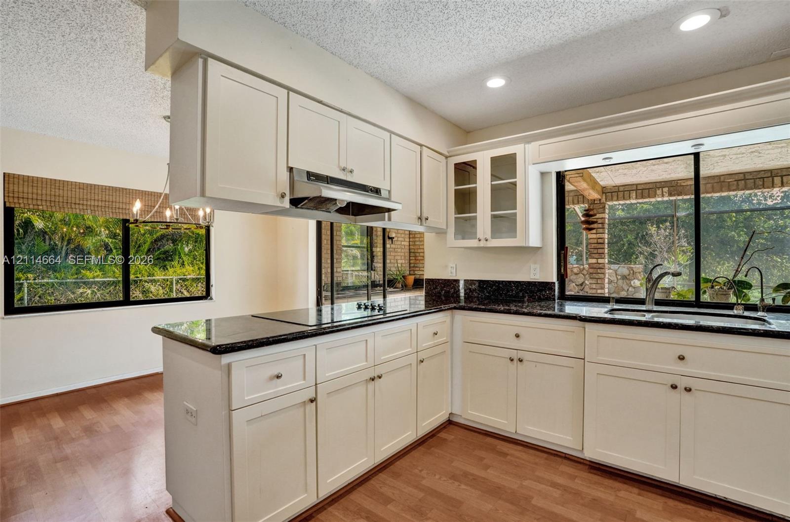 Kitchen featuring white cabinetry, dark stone-finish countertops, glass-panel upper cabinet doors, recessed lighting, and wood-finish flooring