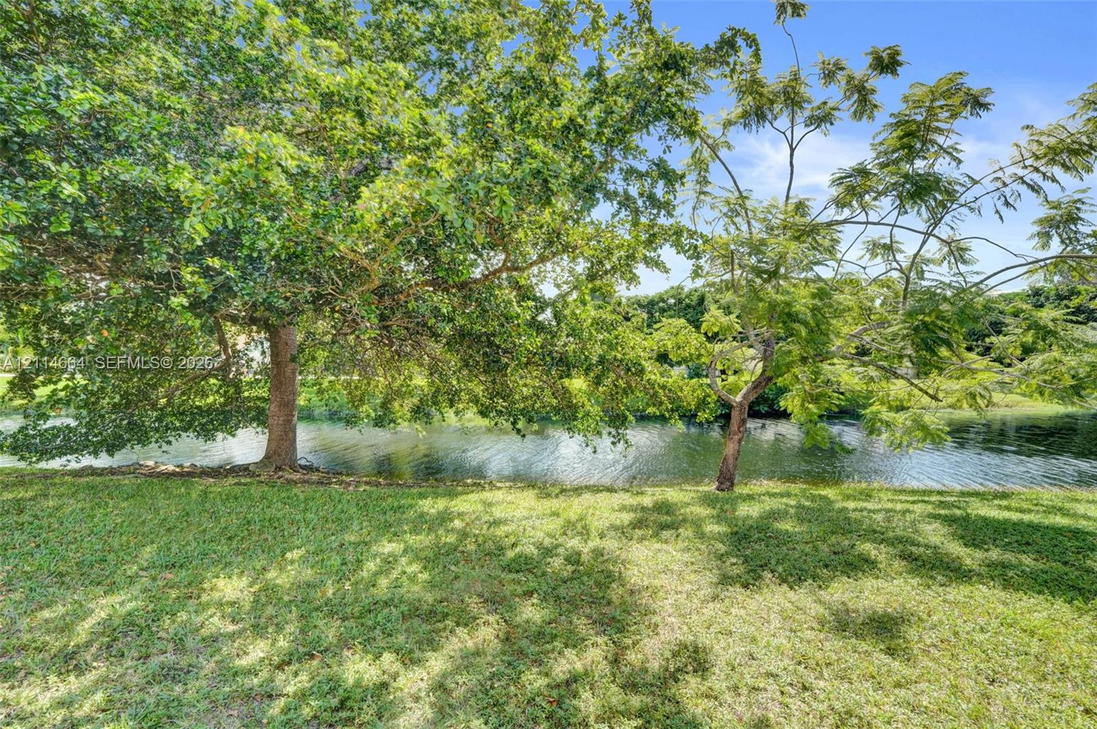 Expansive grounds featuring a water frontage, mature shade trees, and a grass lawn