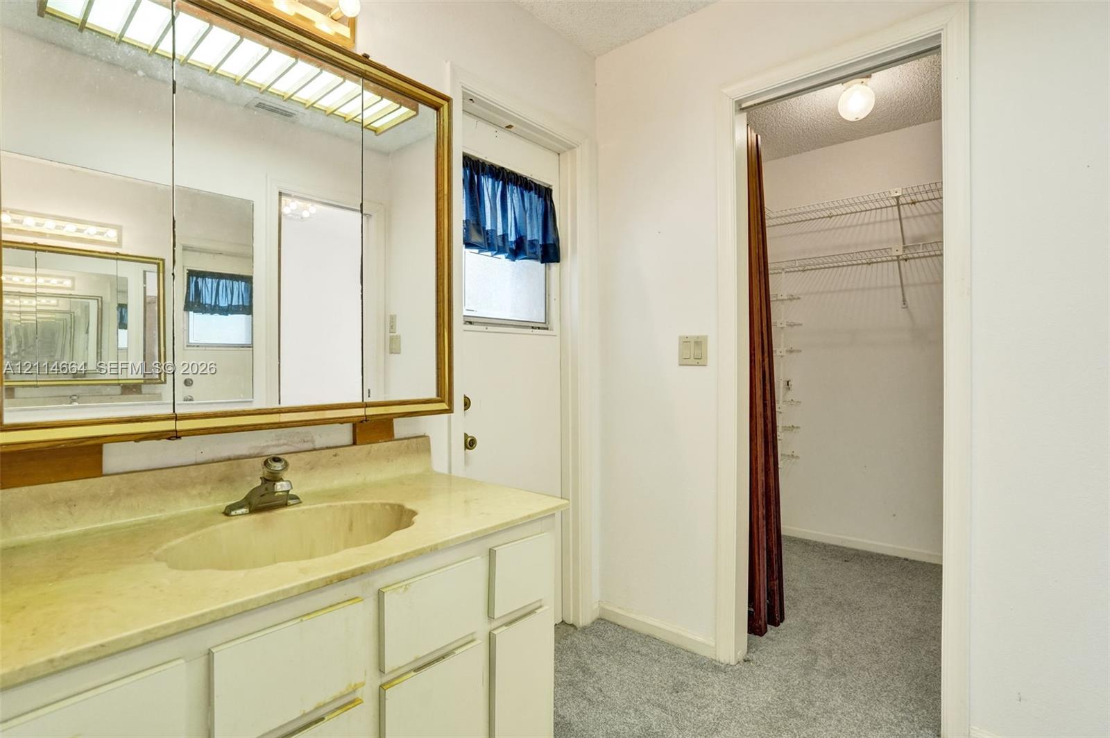 Vanity featuring an integrated sink, stone-finish countertop, brass-toned medicine cabinet, and built-in shelving within the closet