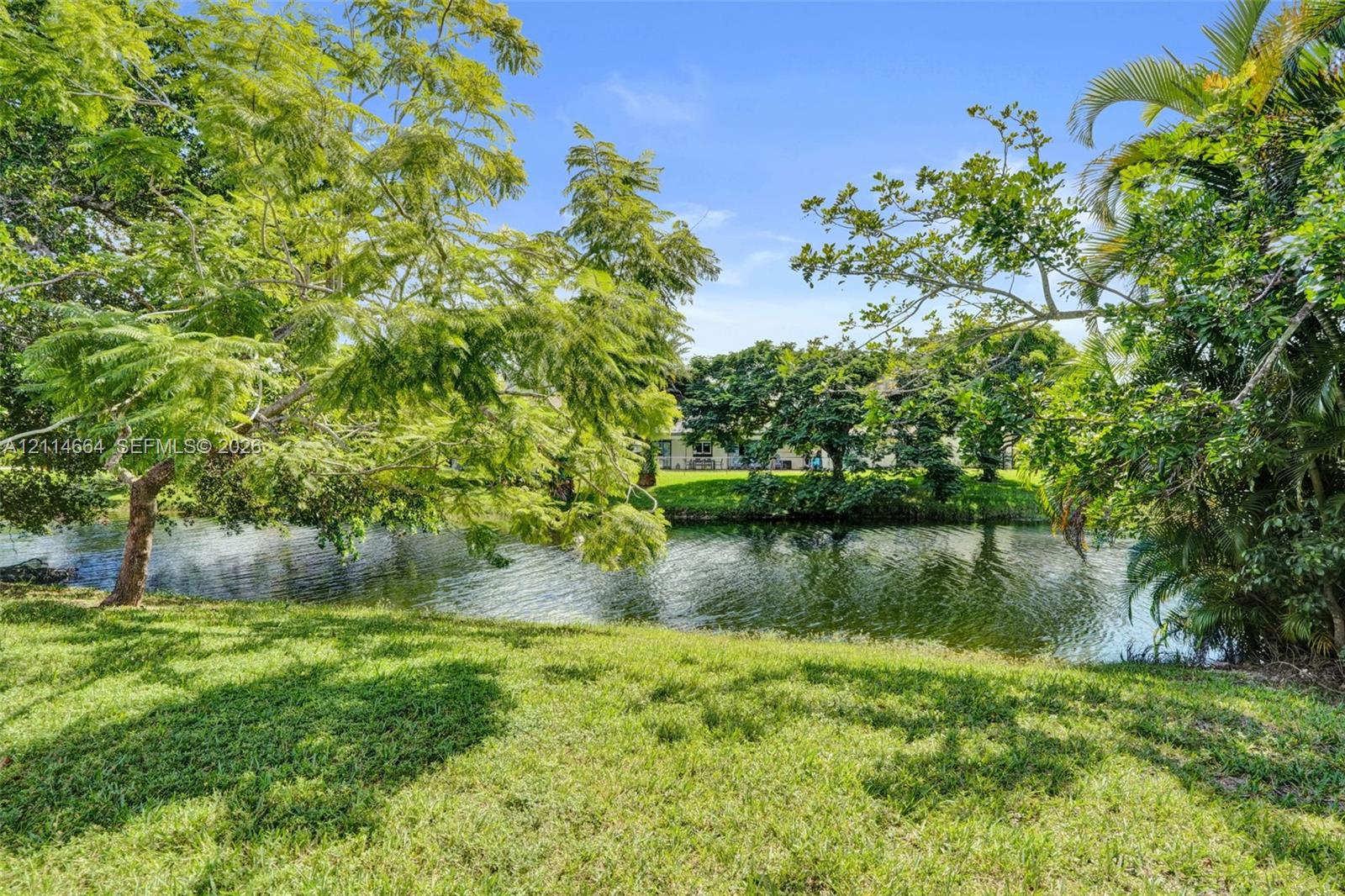 Waterfront lot featuring a manicured lawn, mature trees, and palms