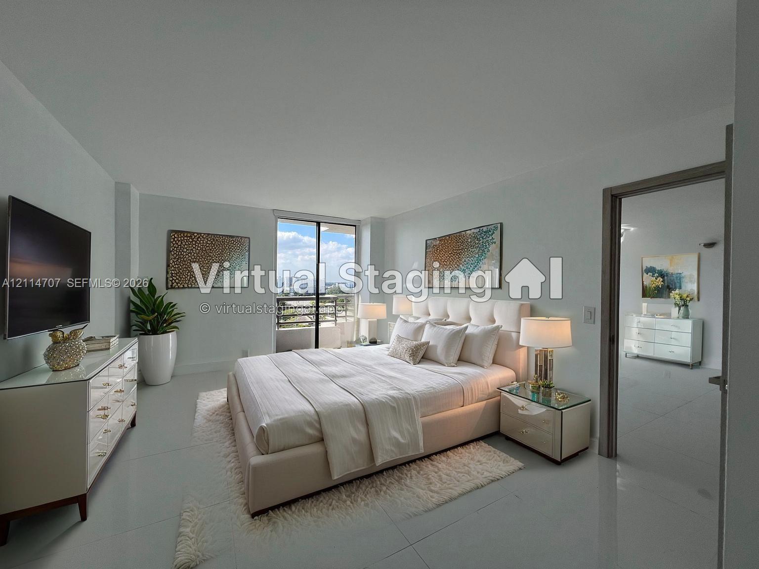 Bedroom featuring large format tile flooring, floor-to-ceiling glass sliding doors, and access to a private balcony
