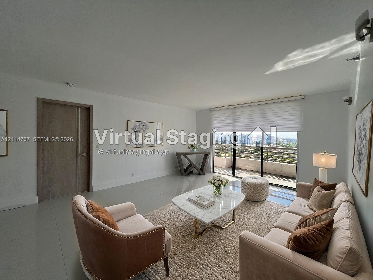 Living area with large-format tile flooring, sliding glass door, and balcony access