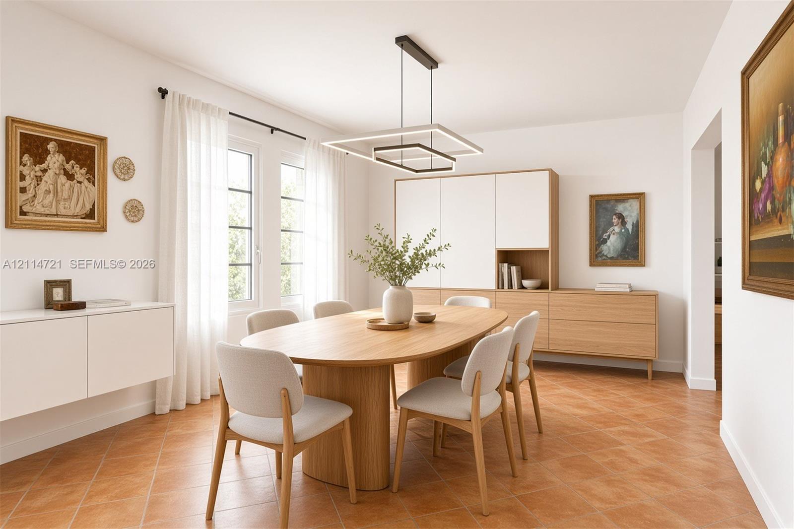 Ceramic tile flooring, custom built-in light-tone wood cabinetry, and a geometric modern chandelier