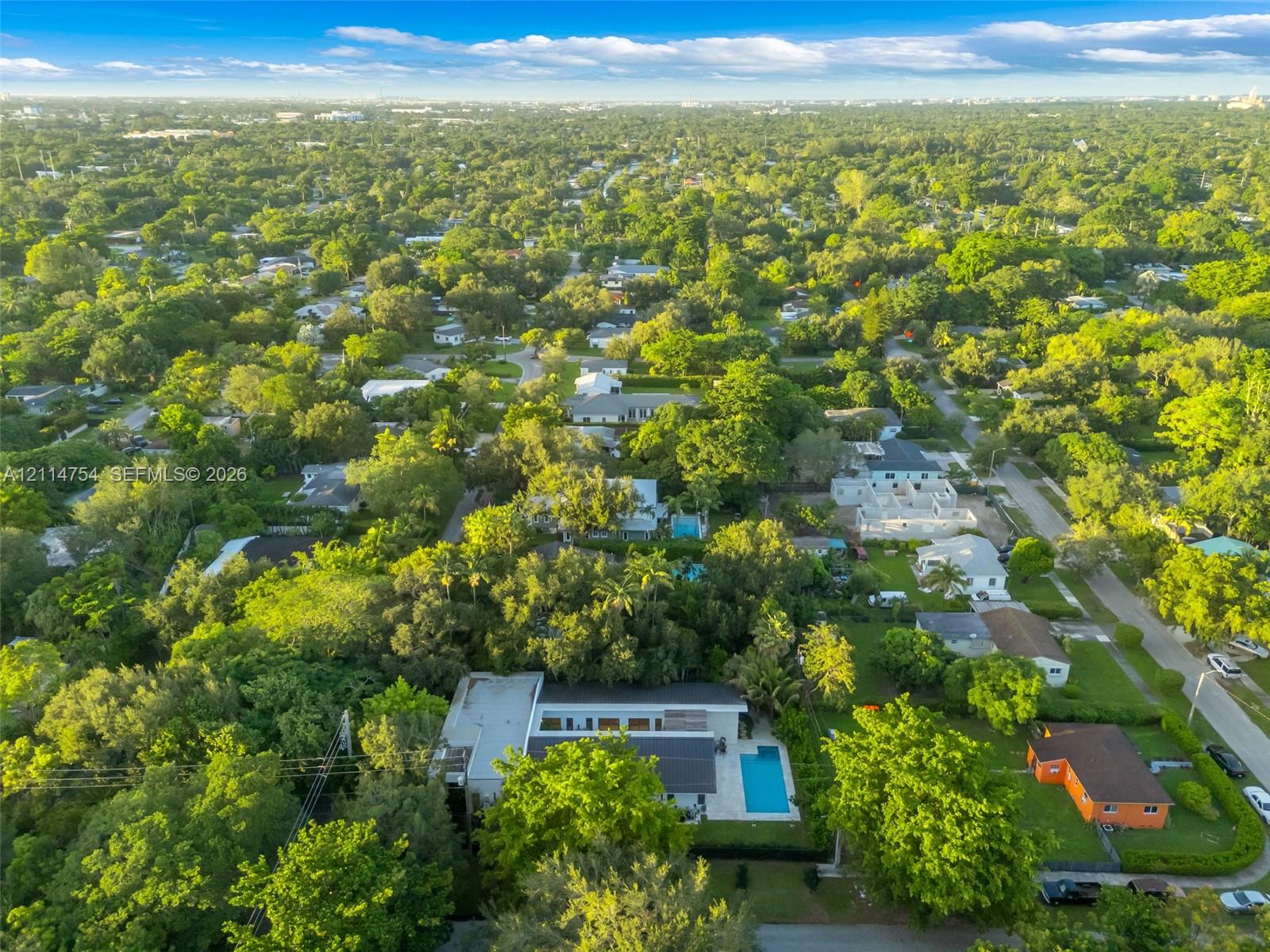 Aerial perspective featuring a flat-roof residence, a rectangular swimming pool, and mature canopy trees, set against a distant cityscape backdrop