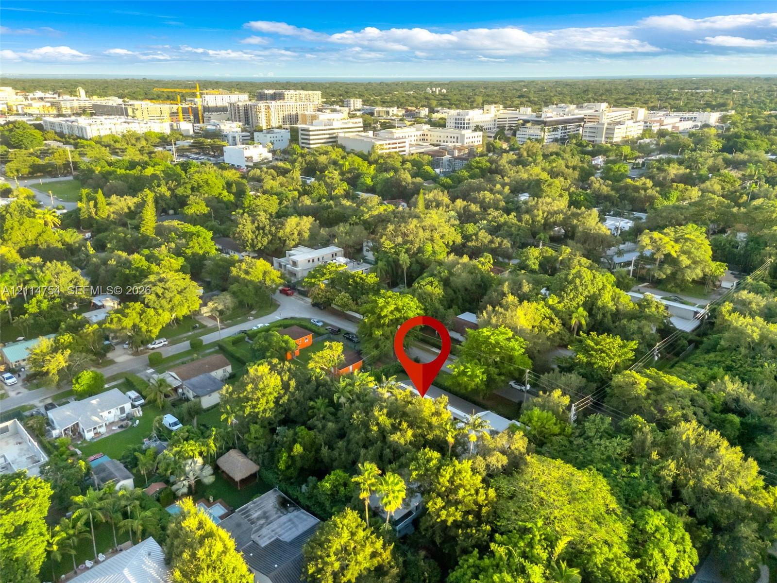 Aerial perspective of residential property featuring a swimming pool, mature tree canopy, and dense surrounding vegetation