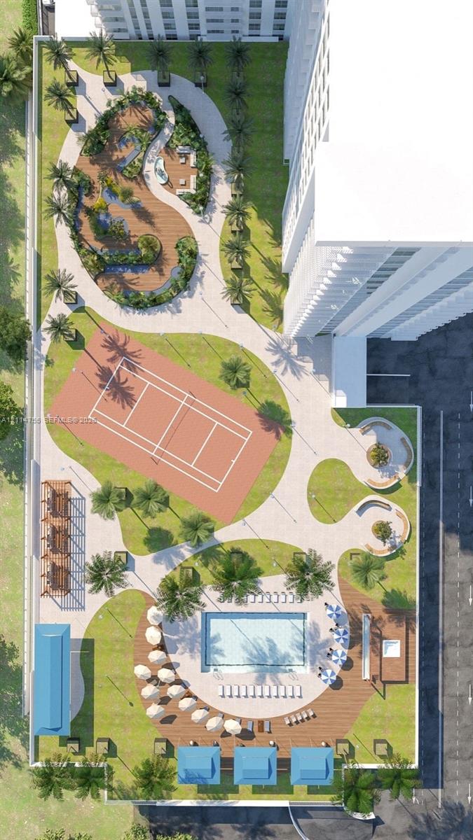 Aerial view of the exterior grounds featuring a swimming pool, clay tennis court, landscaped walking paths, wood-finish decking, and built-in circular seating areas