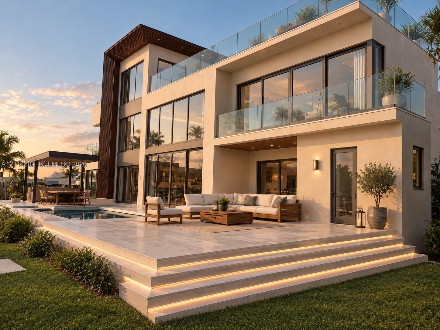 Modern multi-level exterior featuring floor-to-ceiling glass windows, an expansive tiled terrace with integrated stair lighting, a covered outdoor cooking area, and a glass-railed balcony