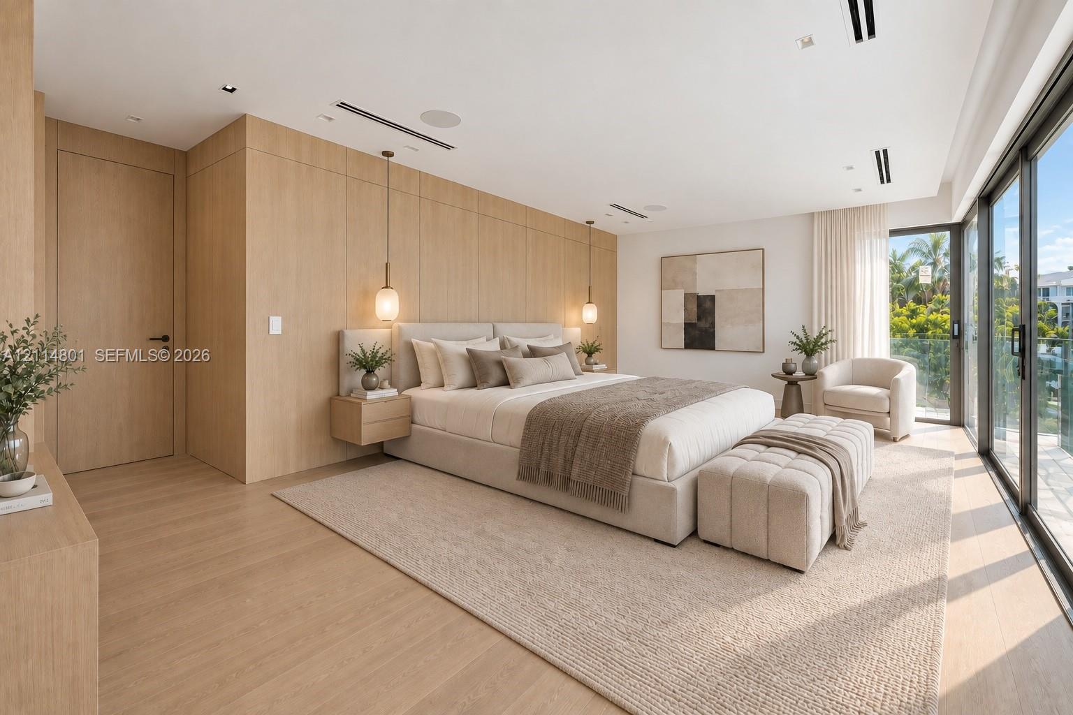 Floor-to-ceiling wood-finish paneling, custom wall-mounted nightstands, recessed linear ceiling lighting, integrated audio speakers, and floor-to-ceiling glass sliding doors