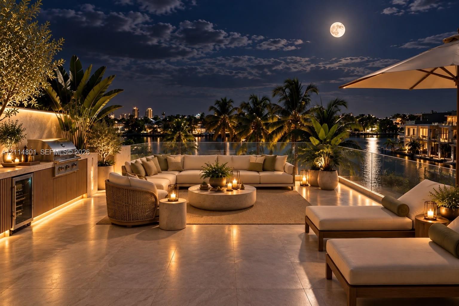 Rooftop terrace featuring large-format tile flooring, integrated outdoor kitchen with stainless steel grill and built-in under-counter refrigeration, and glass panel railing