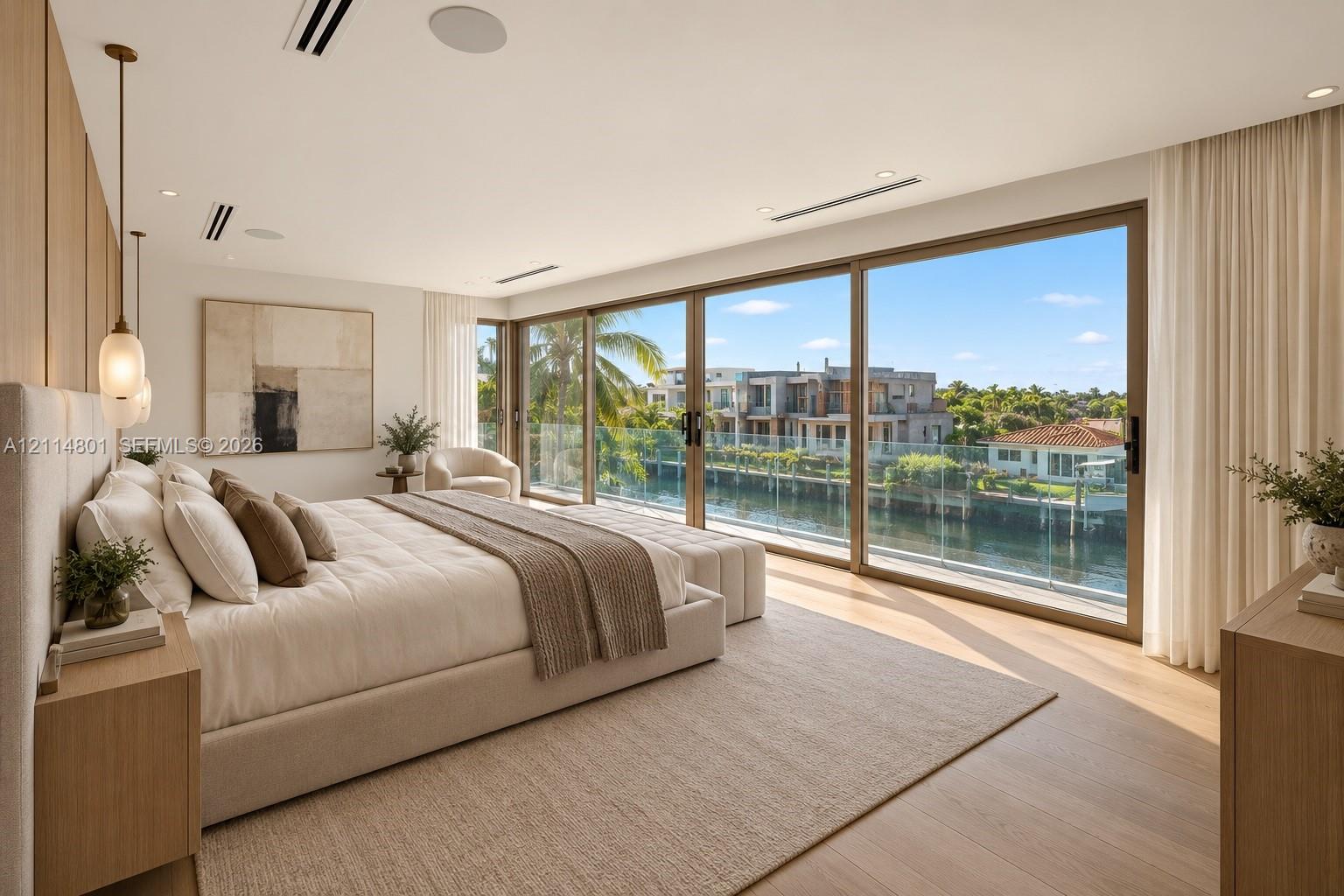 Floor-to-ceiling sliding glass walls, wood-finish flooring, recessed ceiling lighting, built-in wooden accent wall paneling, and glass-railed exterior balcony